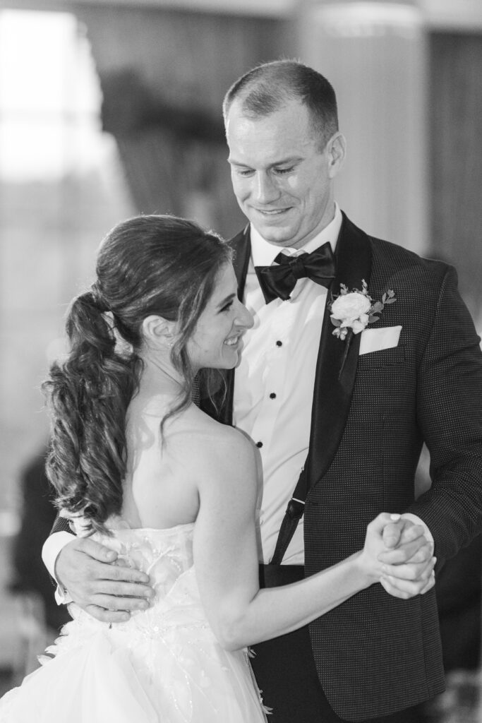 Bride and groom's first dance inside Ashford Estate ballroom