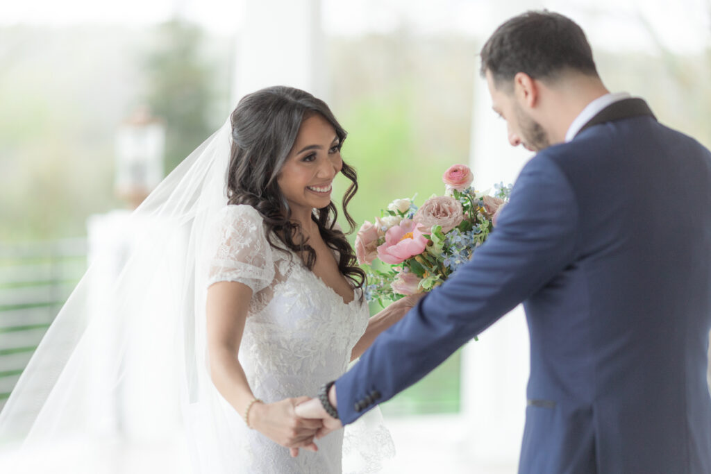 Bride and groom outdoor first look at Bear Brook Valley