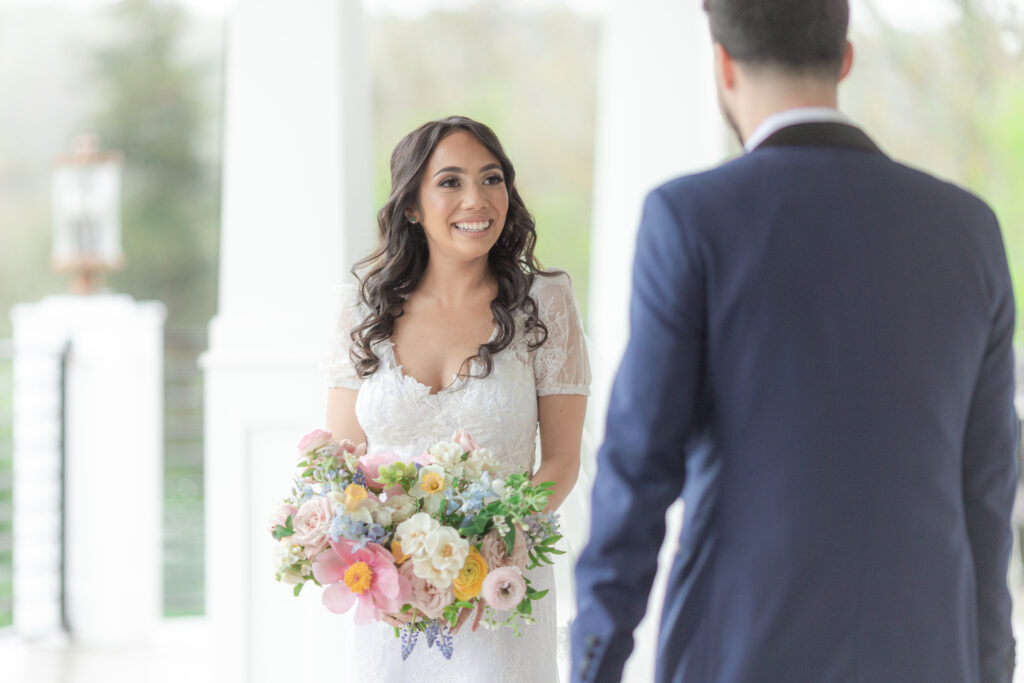 Bride and groom outdoor first look at Bear Brook Valley