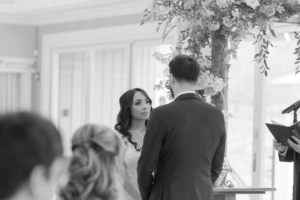 Bride and groom indoor wedding at Bear Brook Valley