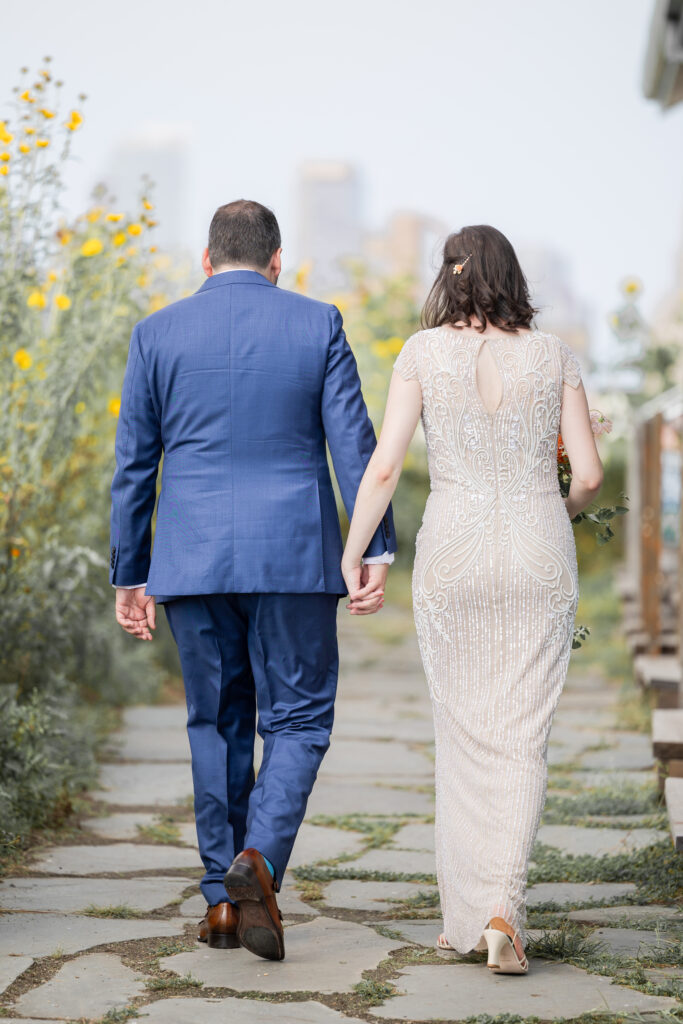 Bride and groom portraits on Brooklyn Grange Sunset Park rooftop