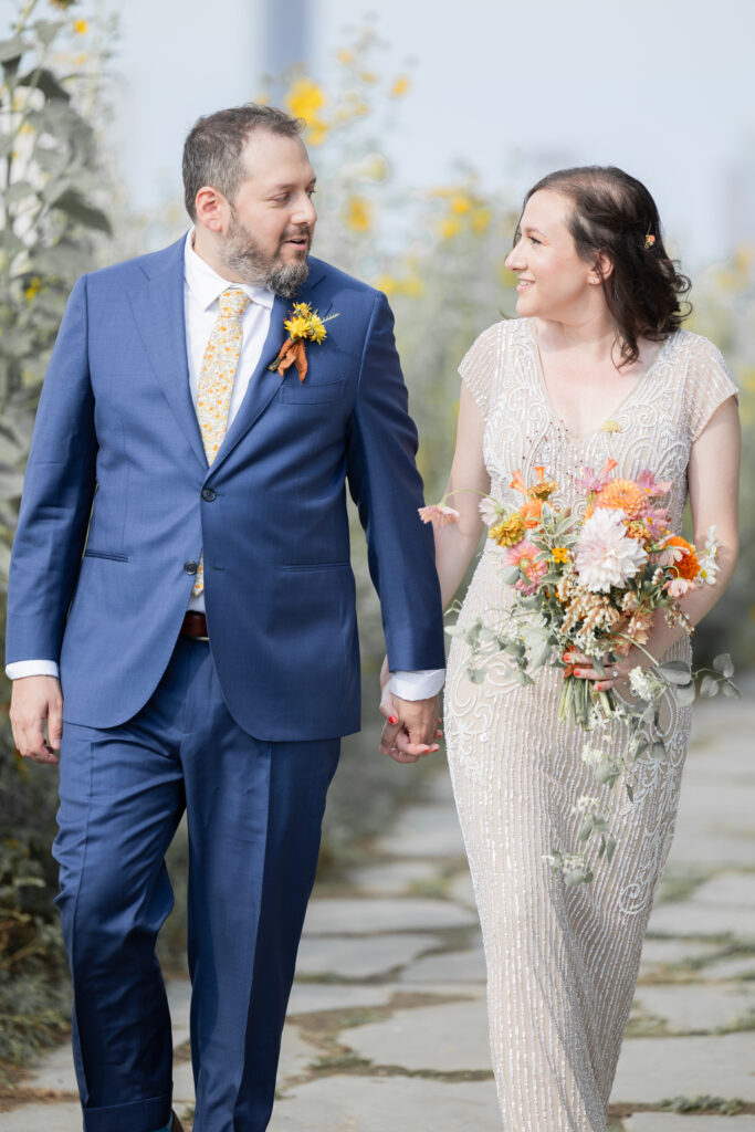 Bride and groom portraits on Brooklyn Grange Sunset Park rooftop