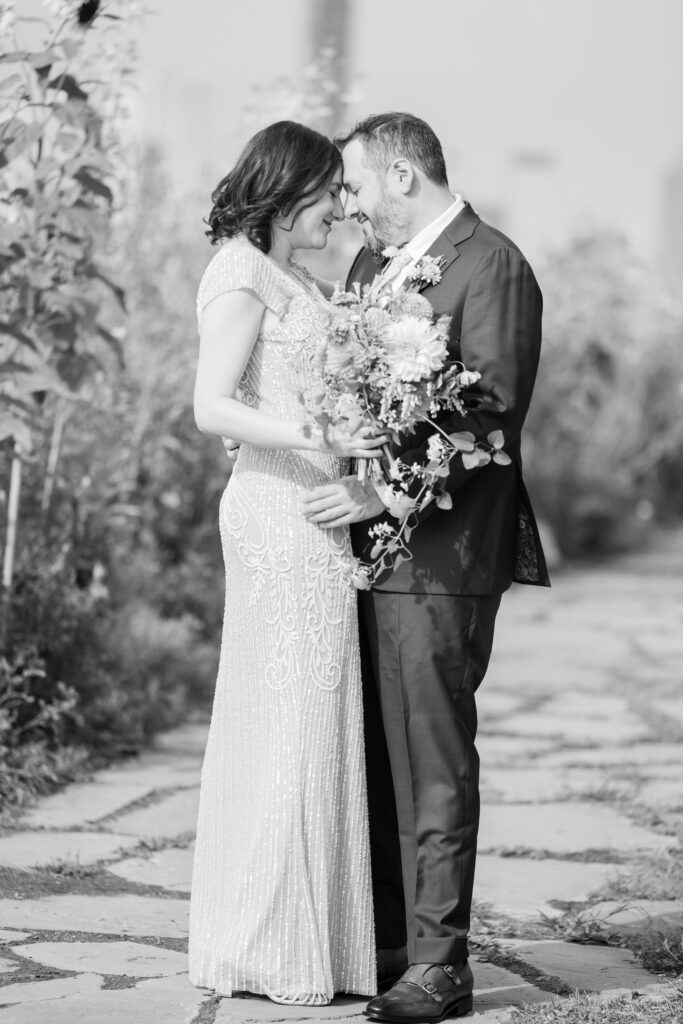 Bride and groom portraits on Brooklyn Grange Sunset Park rooftop