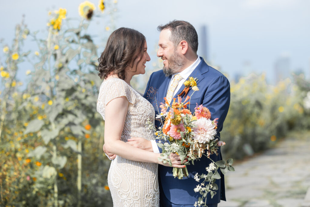 Bride and groom portraits on Brooklyn Grange Sunset Park rooftop