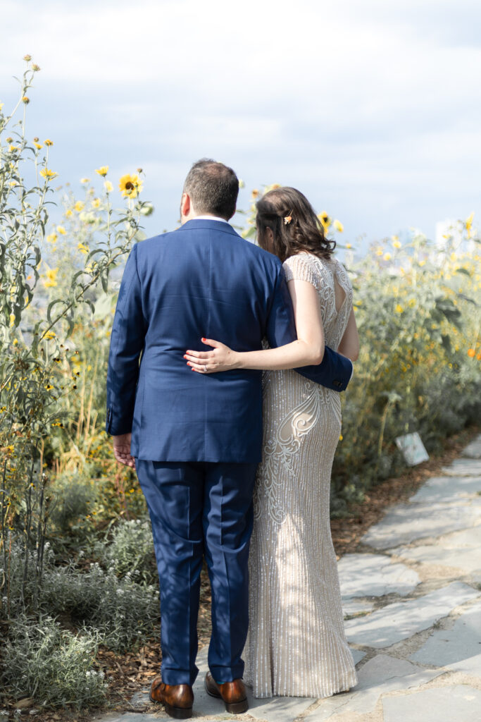 Bride and groom portraits on Brooklyn Grange Sunset Park rooftop