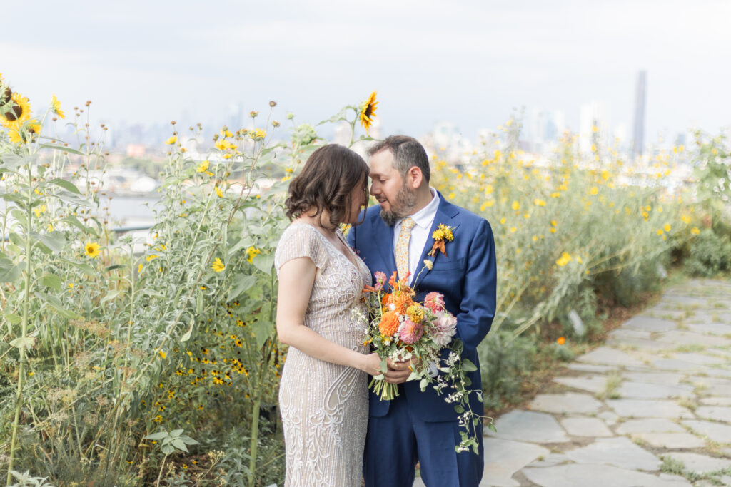 Bride and groom portraits on Brooklyn Grange Sunset Park rooftop