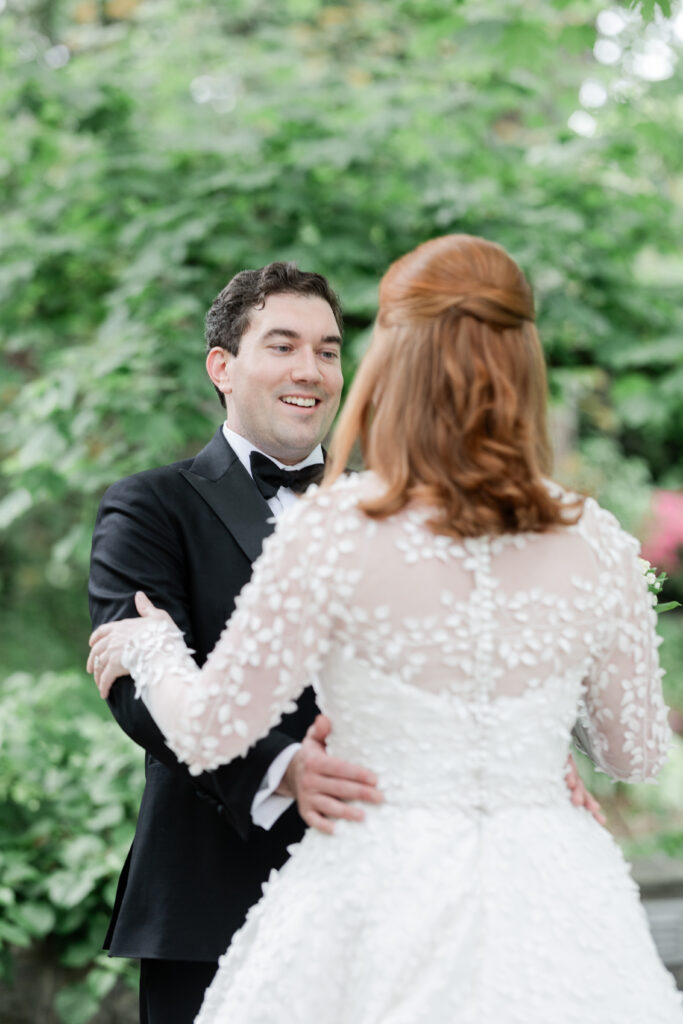 Outdoor first look with bride and groom