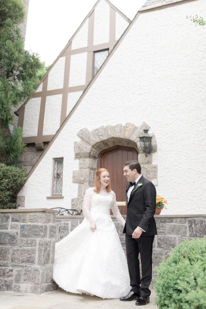 Bride and groom in front of Larchmont house