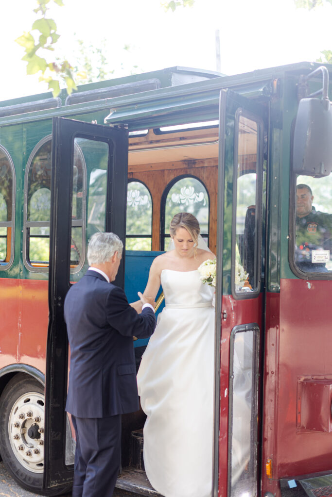 Bride getting off trolley