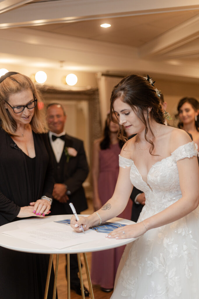 Private signing of ketubah inside wedding venue