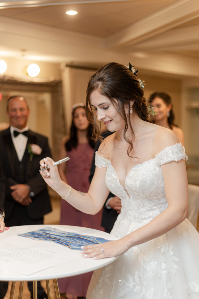 Private signing of ketubah inside wedding venue