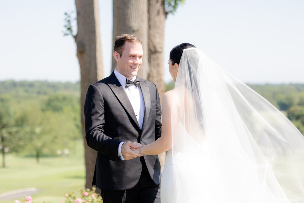 Outdoor first look with bride and groom