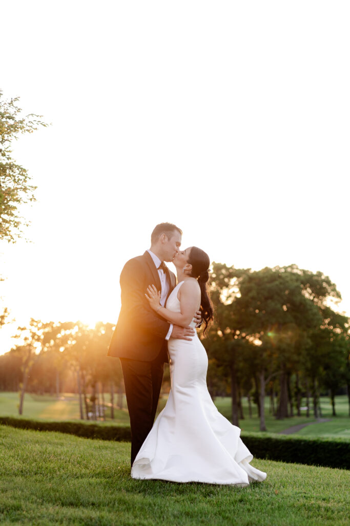 Bride and groom sunset photos outside of Old Westbury Golf Club