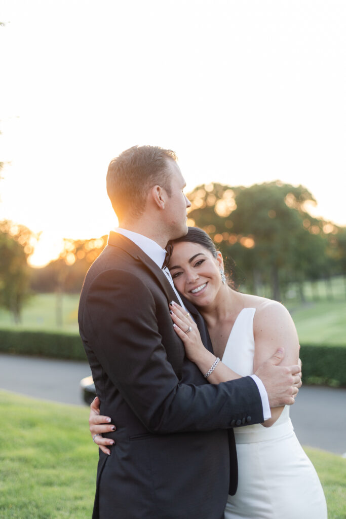 Bride and groom sunset photos outside of Old Westbury Golf Club