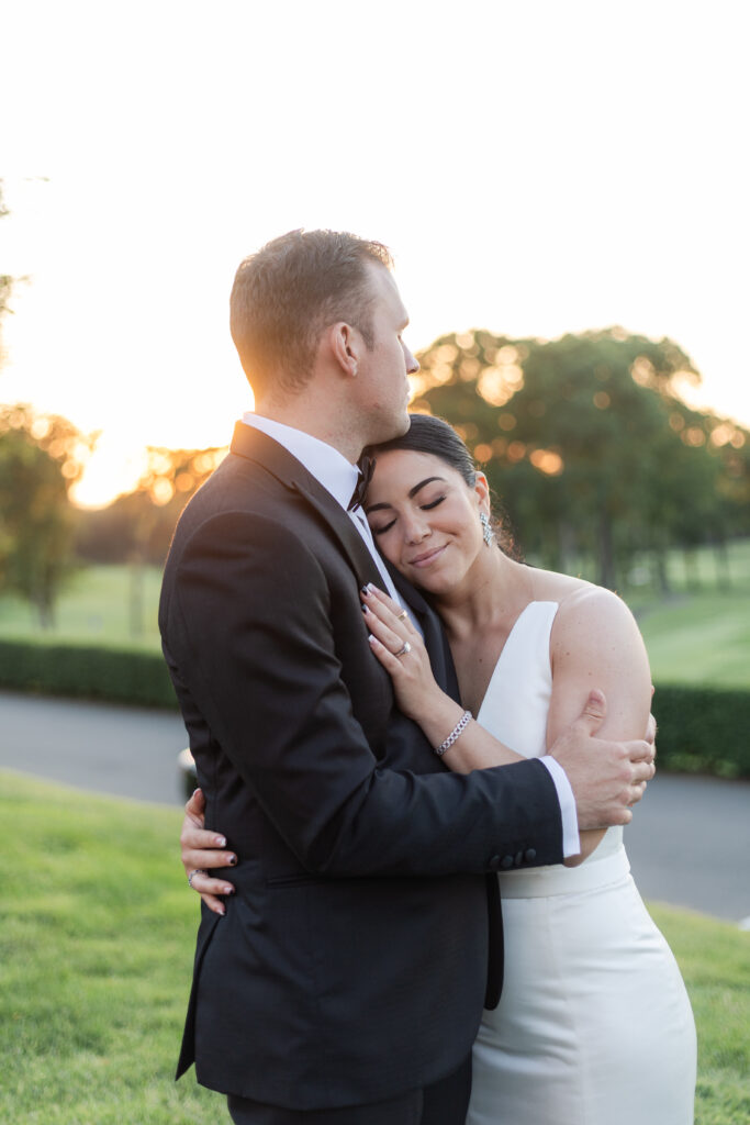 Bride and groom sunset photos outside of Old Westbury Golf Club