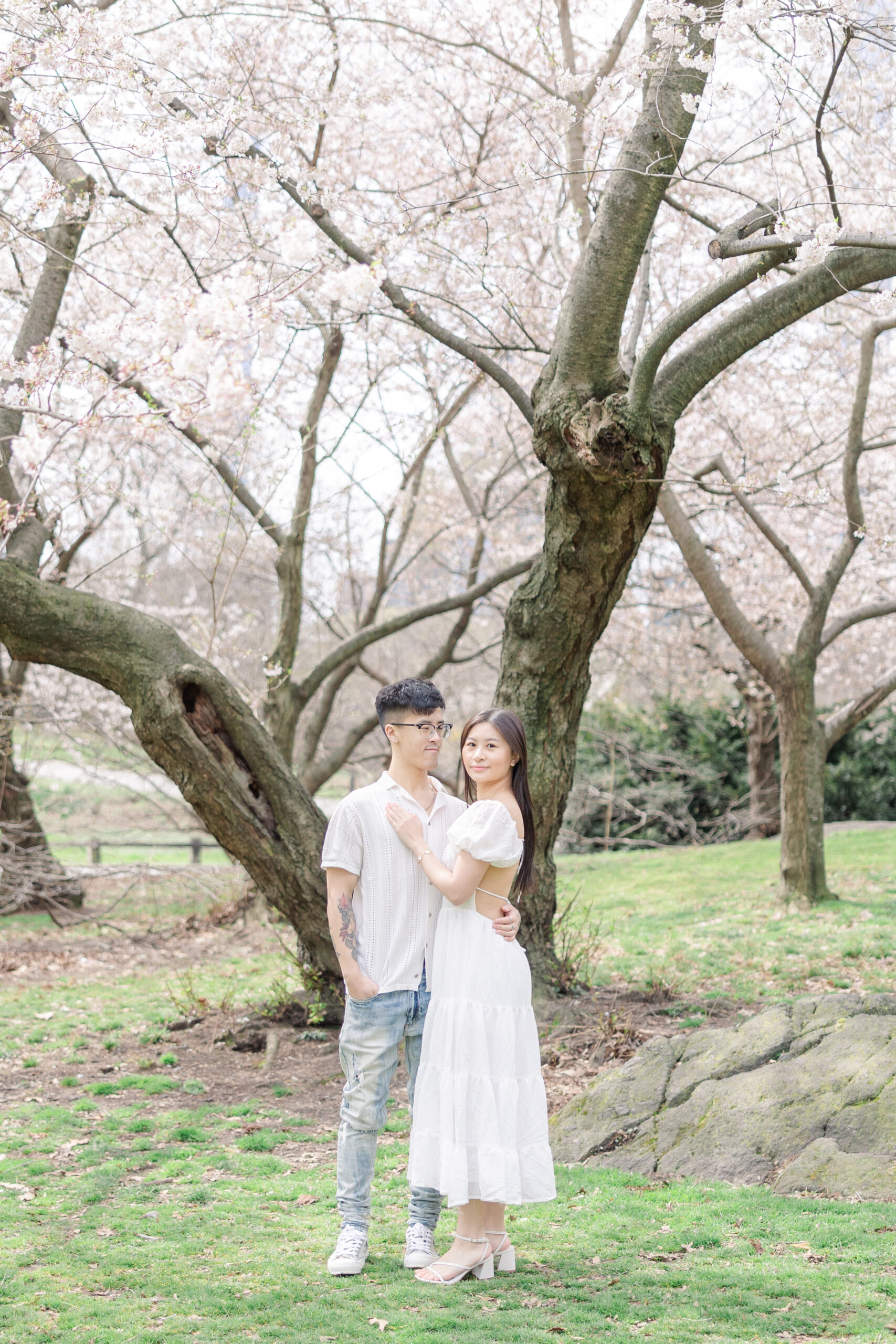 Luxury spring engagement in NYC Central Park blossoms