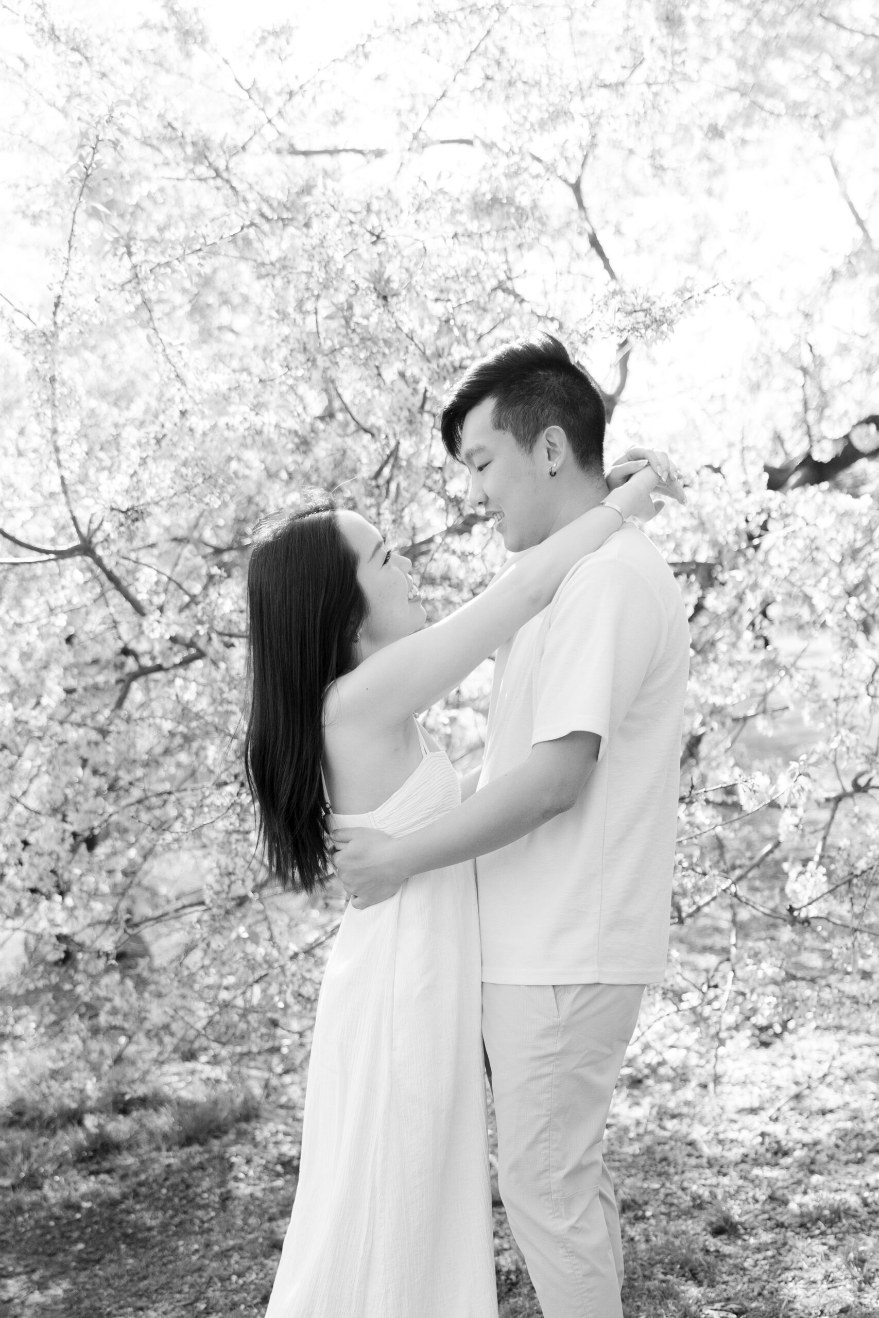 Black and white engagement photo at Central Park