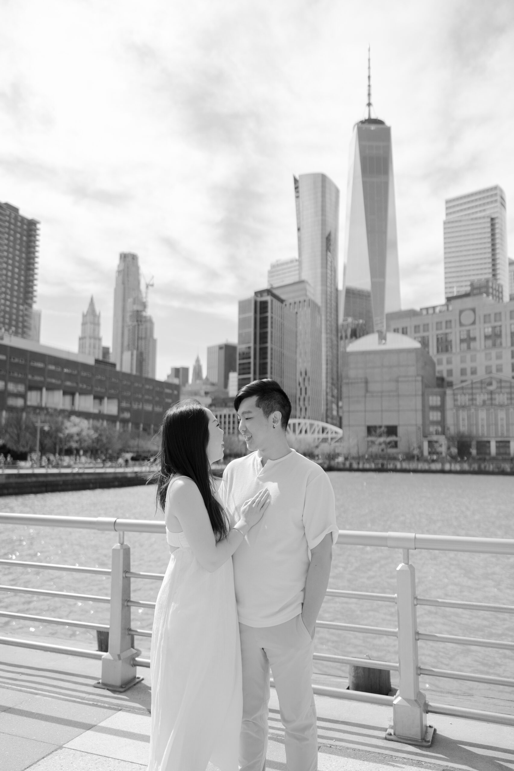 Black and white photo of couple at Tribeca Piers
