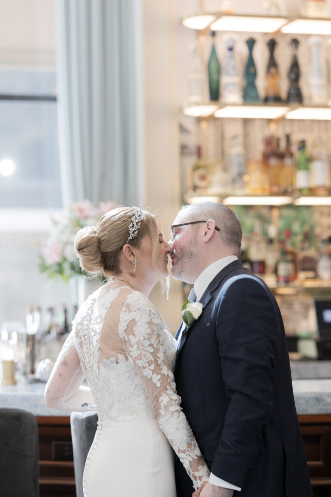 Bride and groom first look inside downtown hotel in fidi nyc