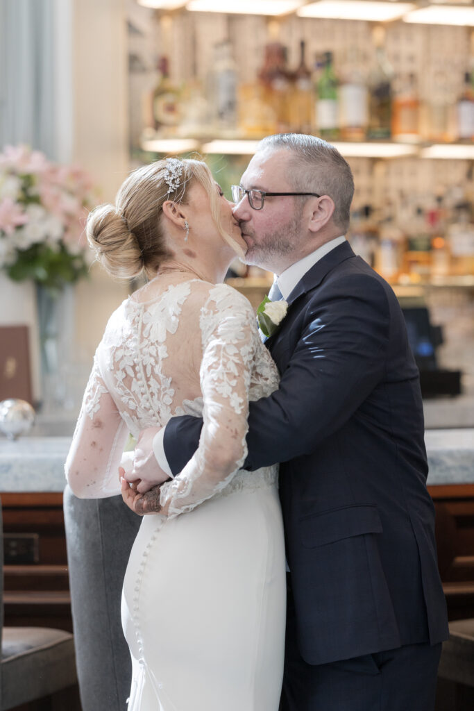 Bride and groom first look inside downtown hotel in fidi nyc