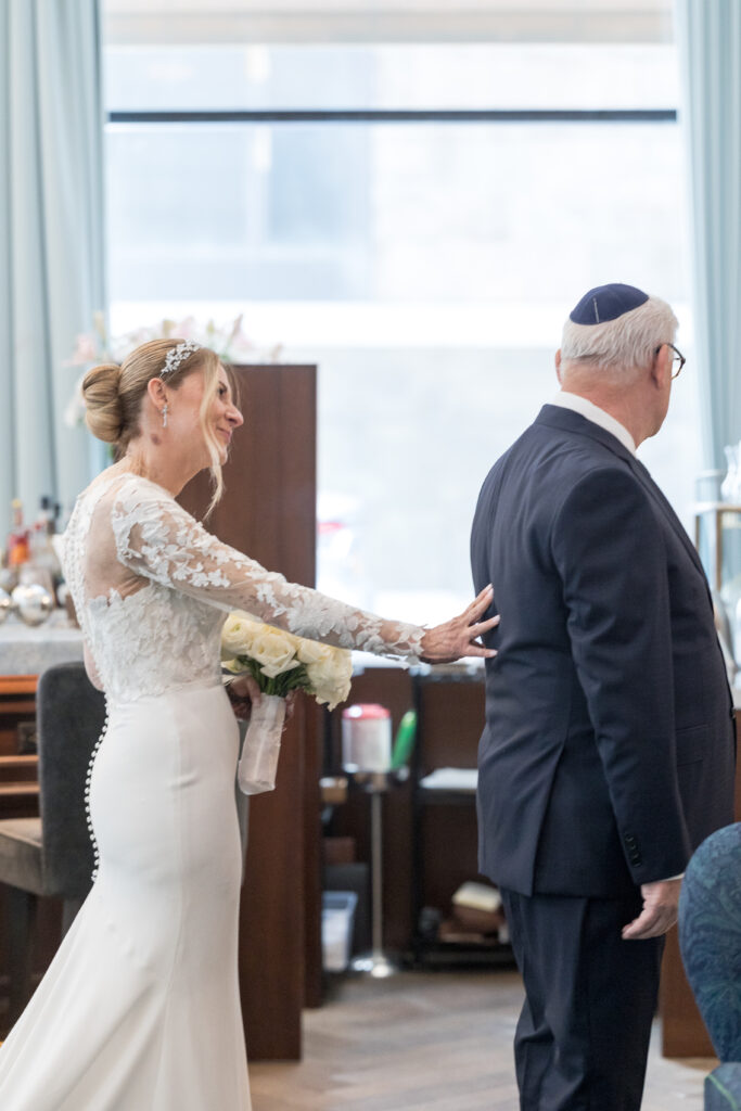 Bride and dad first look inside fidi hotel wedding venue