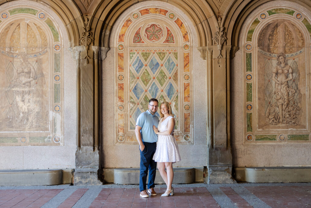 Romantic couple photos in front of Bethesda Terrace