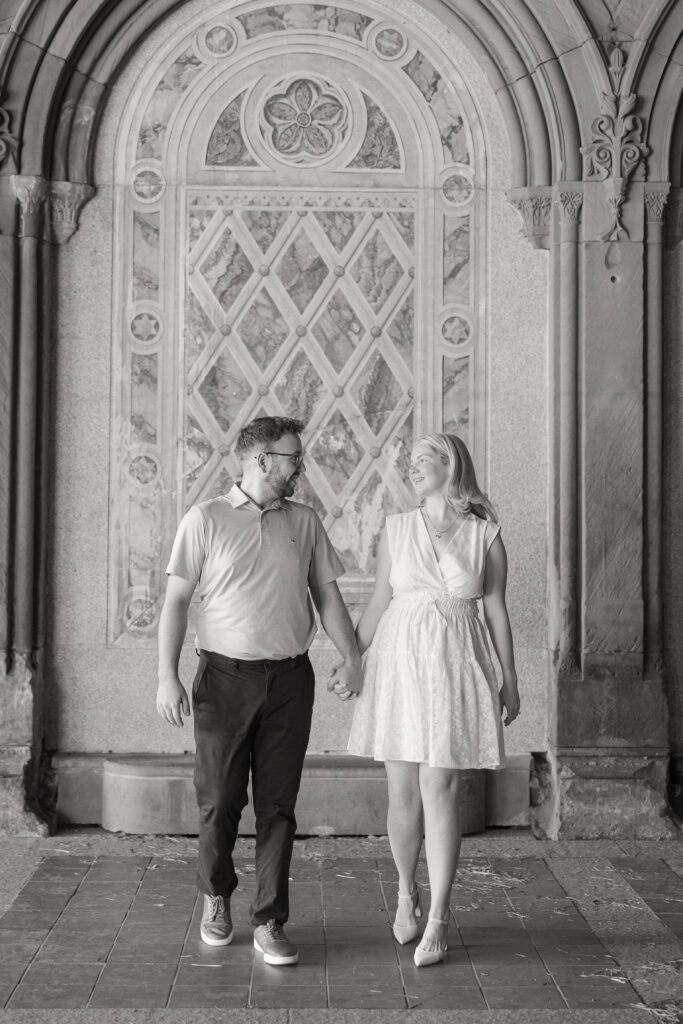 Black and white couple photos in front of Bethesda Terrace