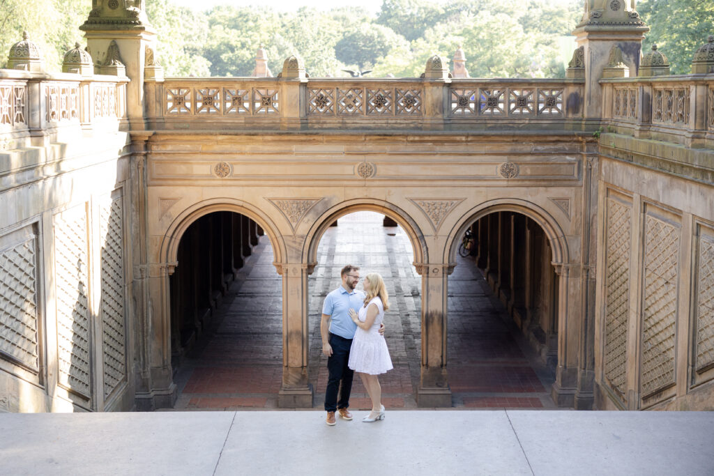 Couple session in New York City Central Park in front of Bethesda Terrace Steps