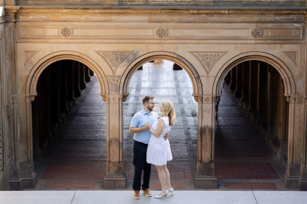 Couple session in New York City Central Park in front of Bethesda Terrace Steps