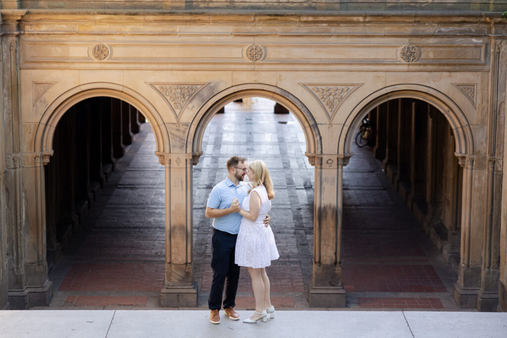 Couple session in New York City Central Park in front of Bethesda Terrace Steps