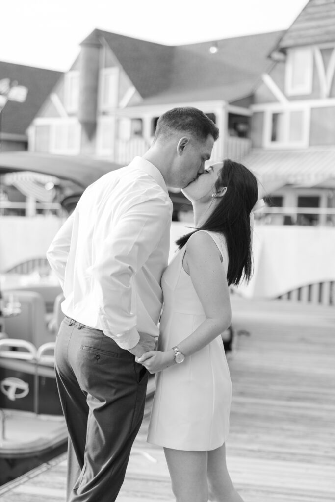 Black and white engagement photos at Lake Mohawk NJ