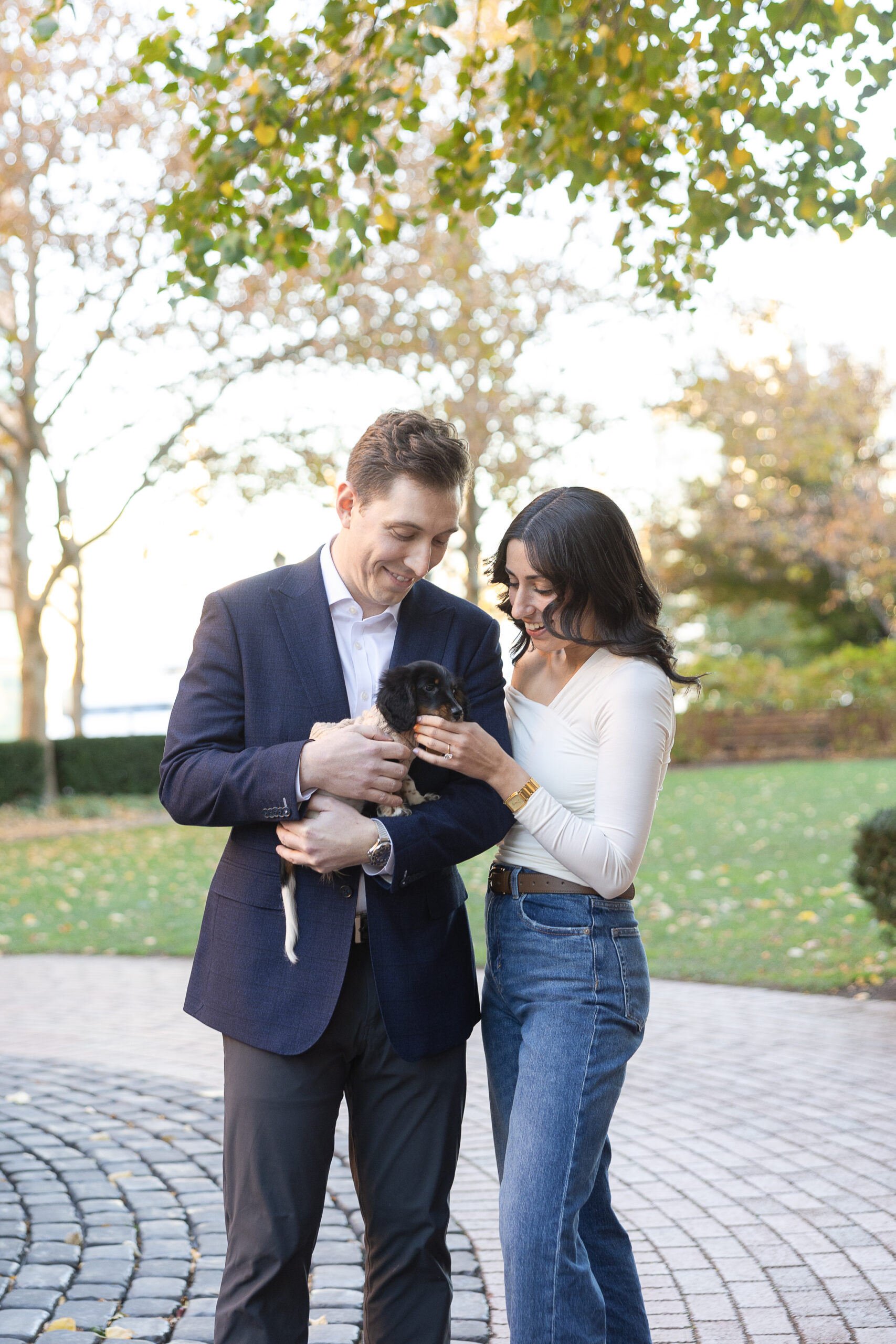 Engagement photos with dog at Hoboken park