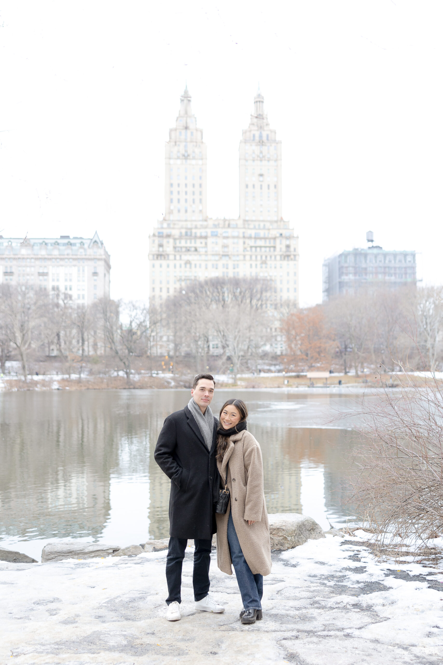 Engagement session in Central Park in front of waterview