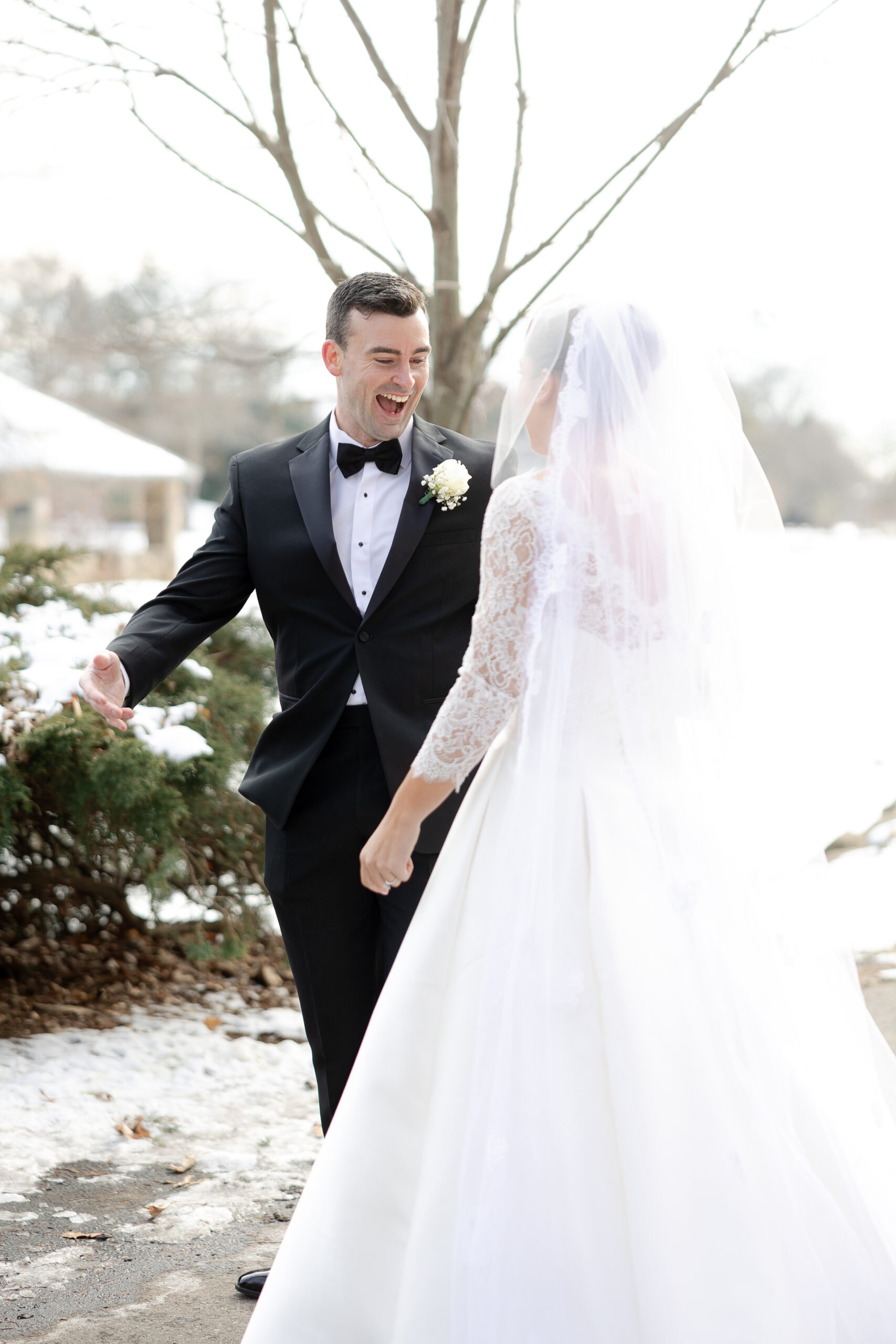 Binney Park first look moment with bride and groom