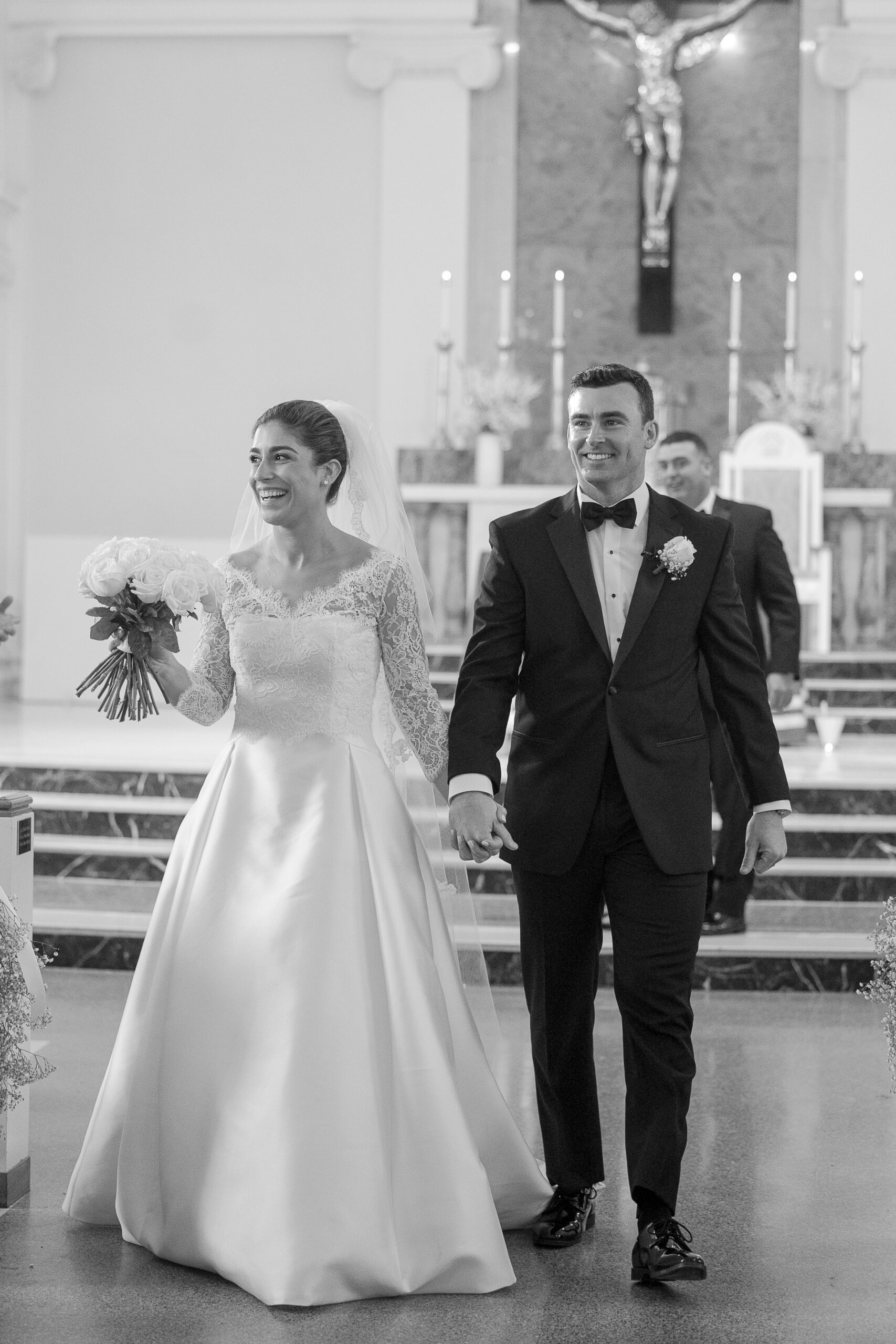 Black and white photo of bride and groom