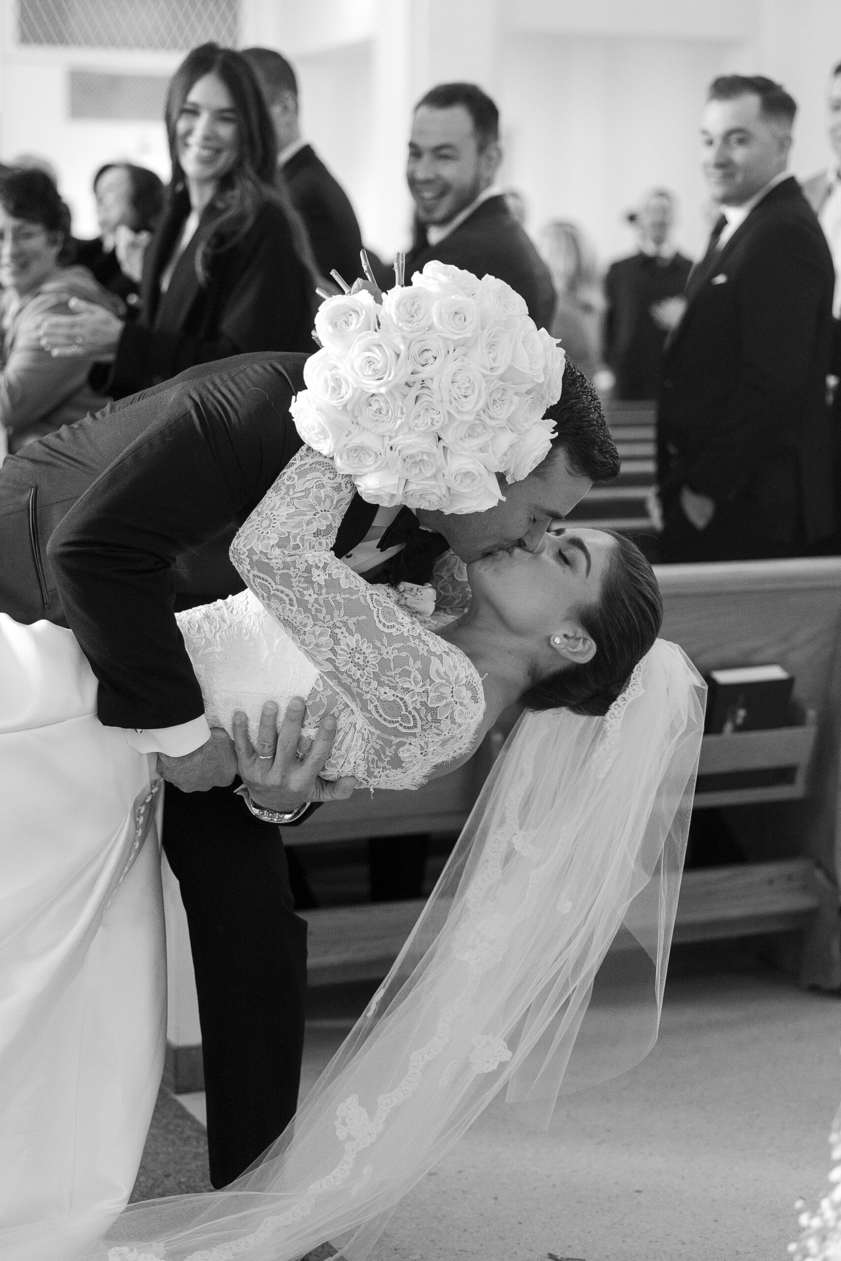 Black and white photo of bride and groom