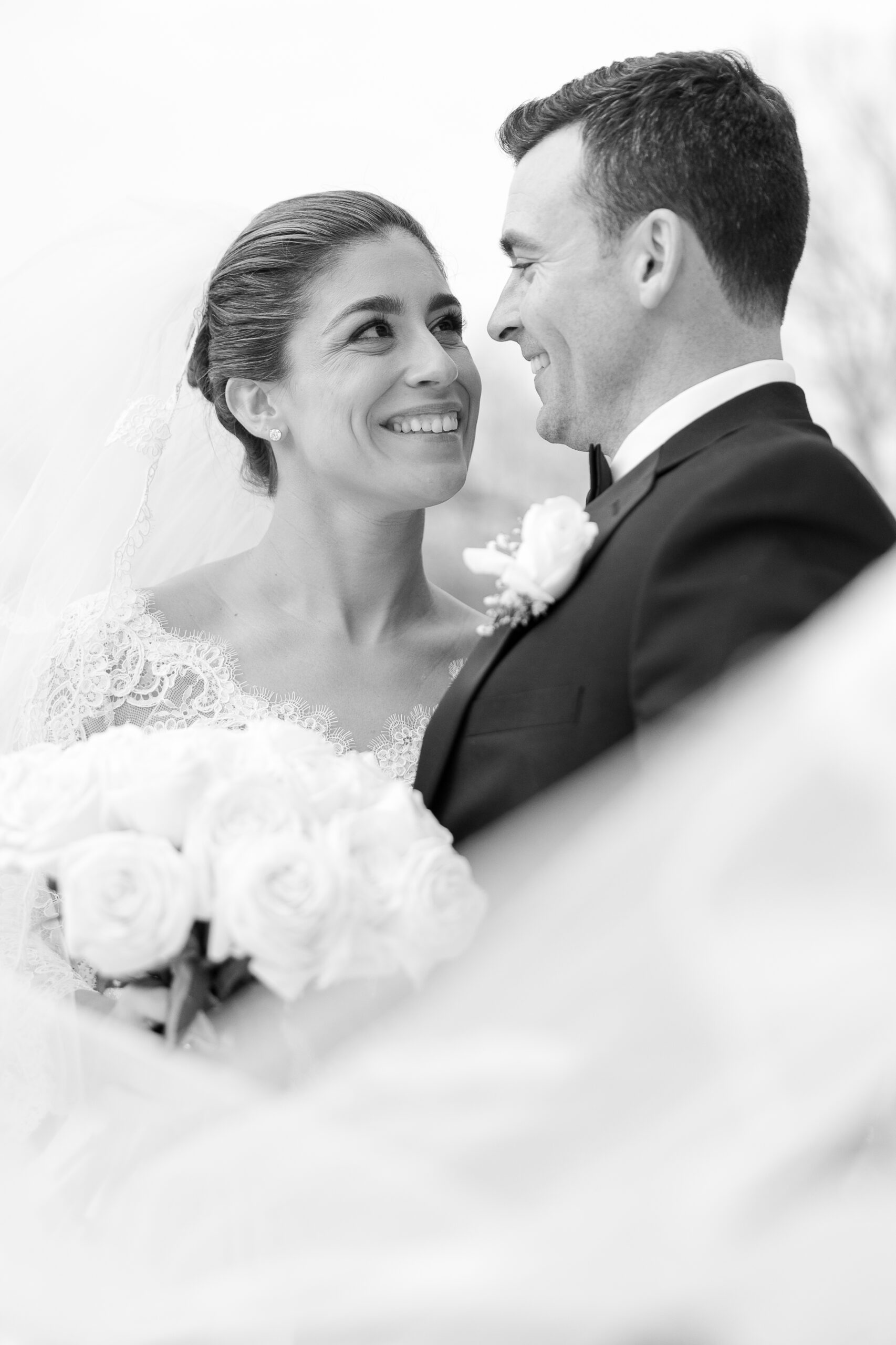 Black and white photo of Le Chateau bride and groom