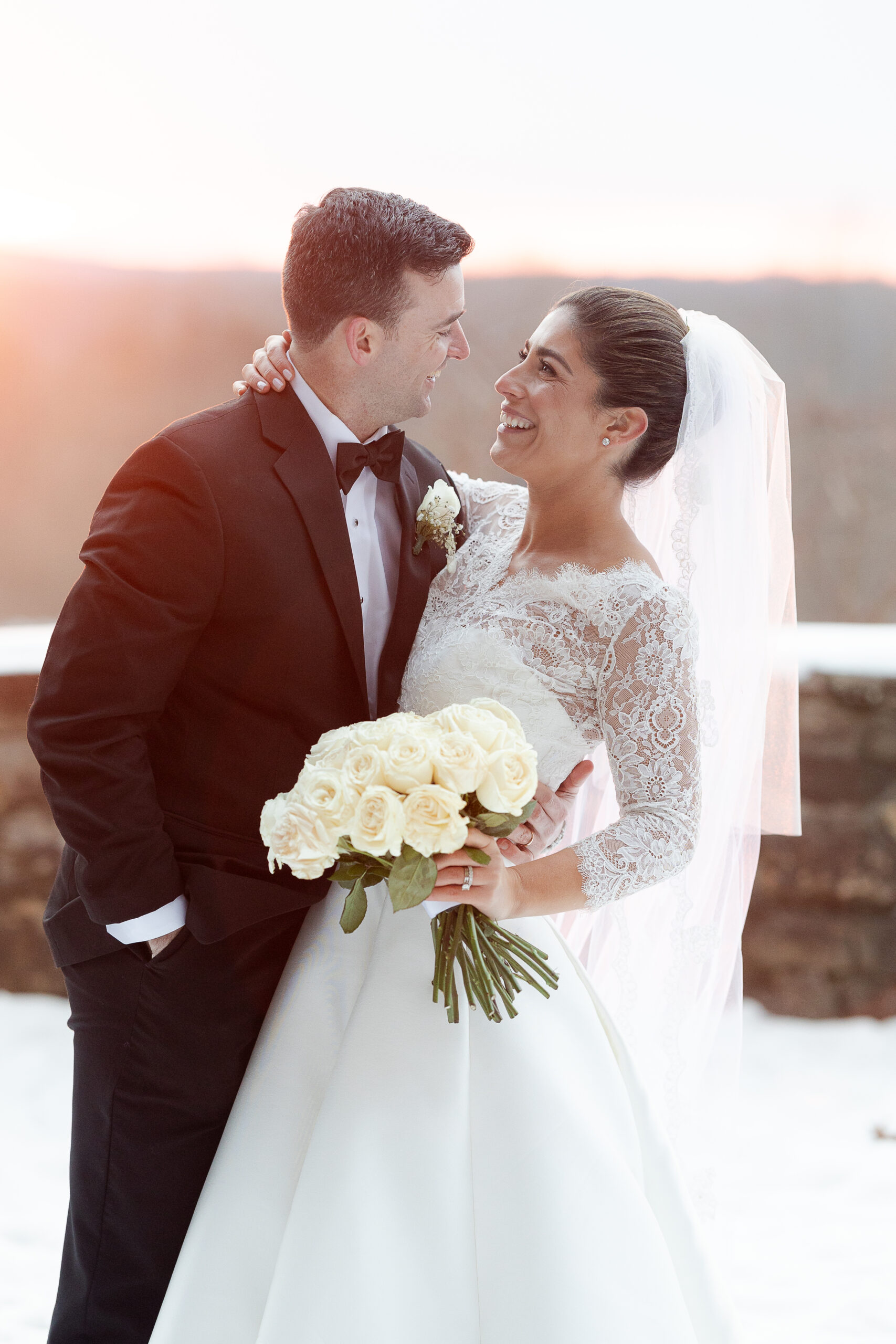 Le Chateau winter sunset wedding portraits