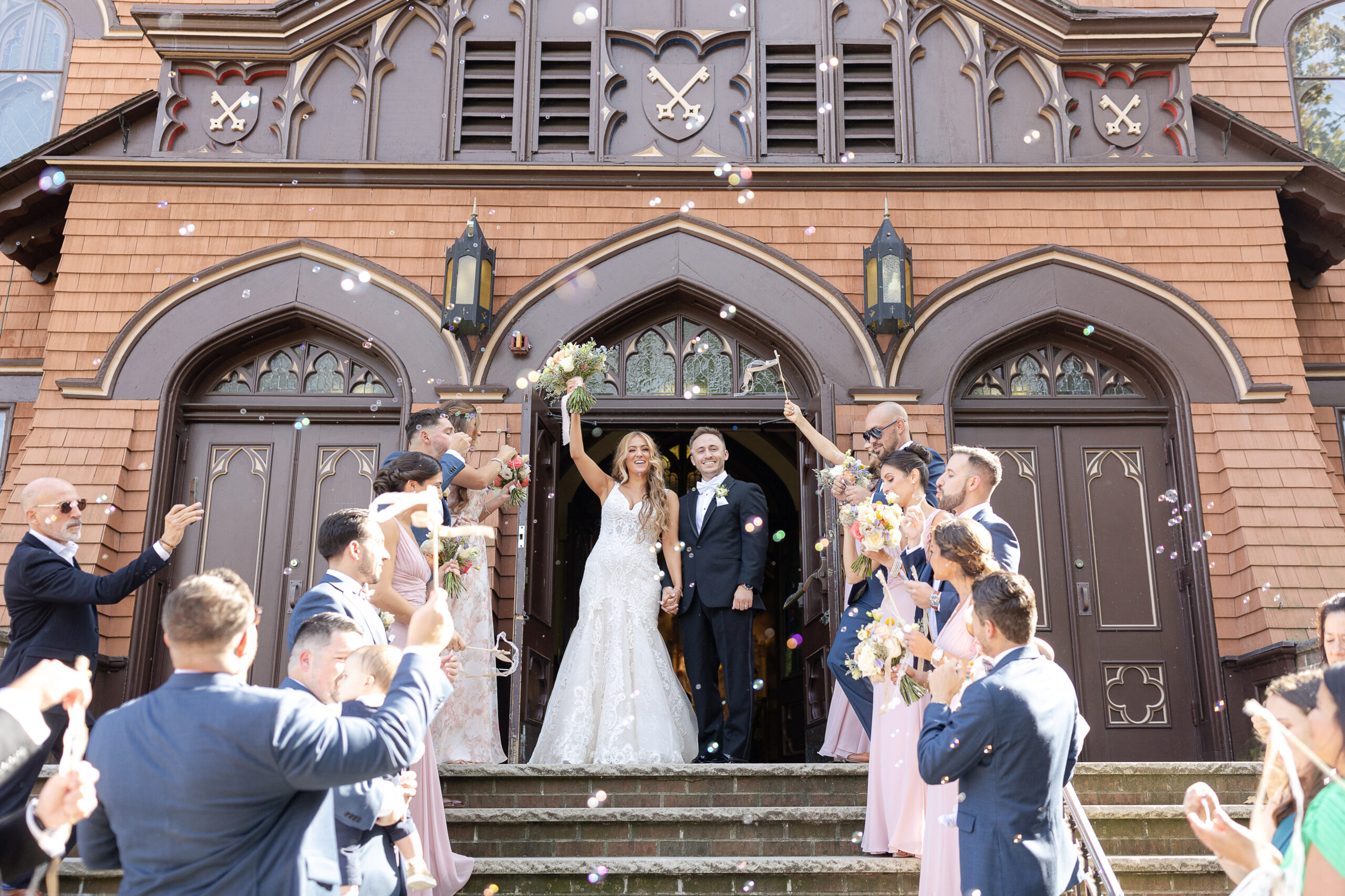 Bride and groom confetti exit