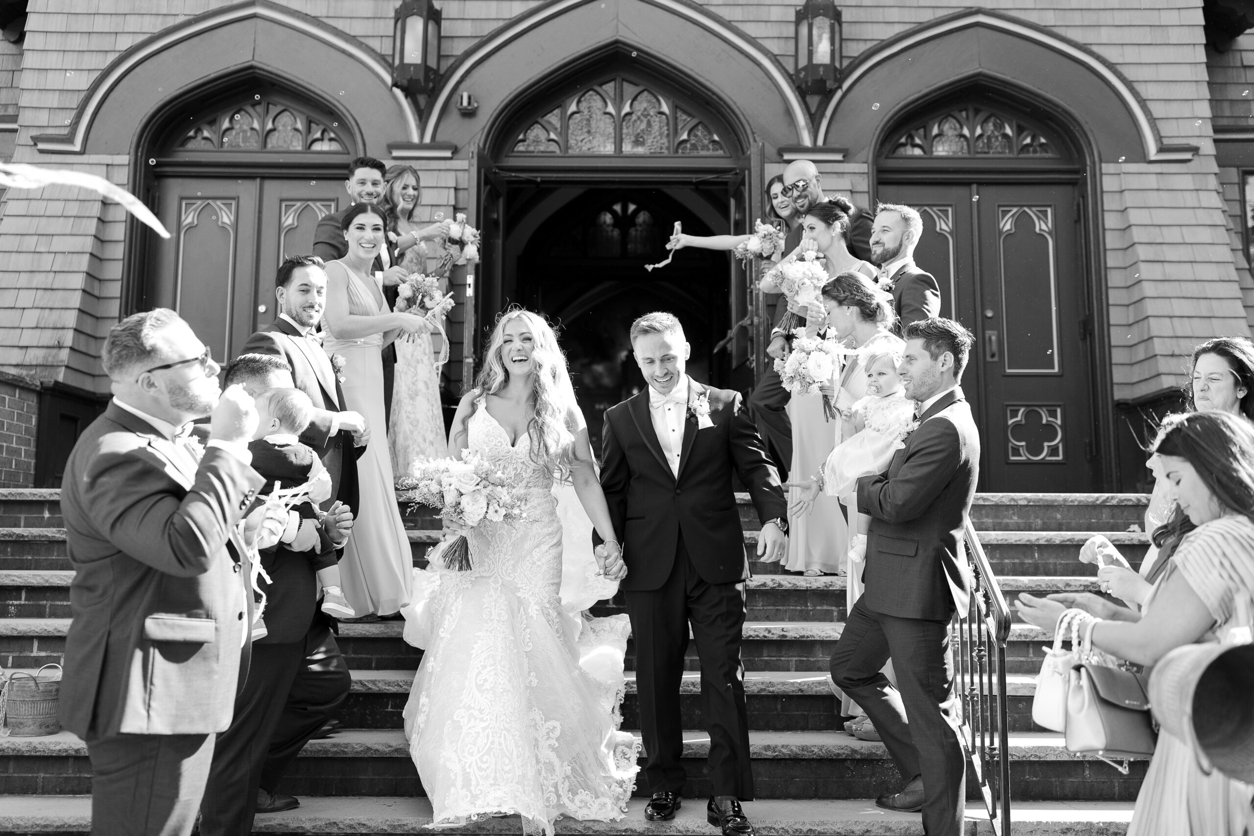 Bride and groom confetti exit