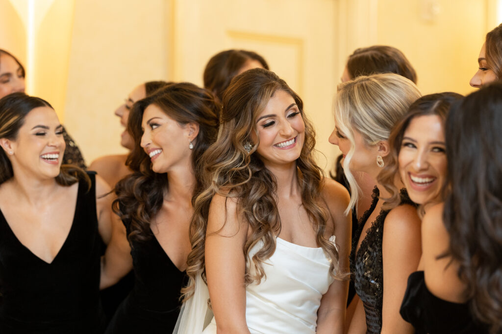 Bride and bridesmaid first look at The Grove
