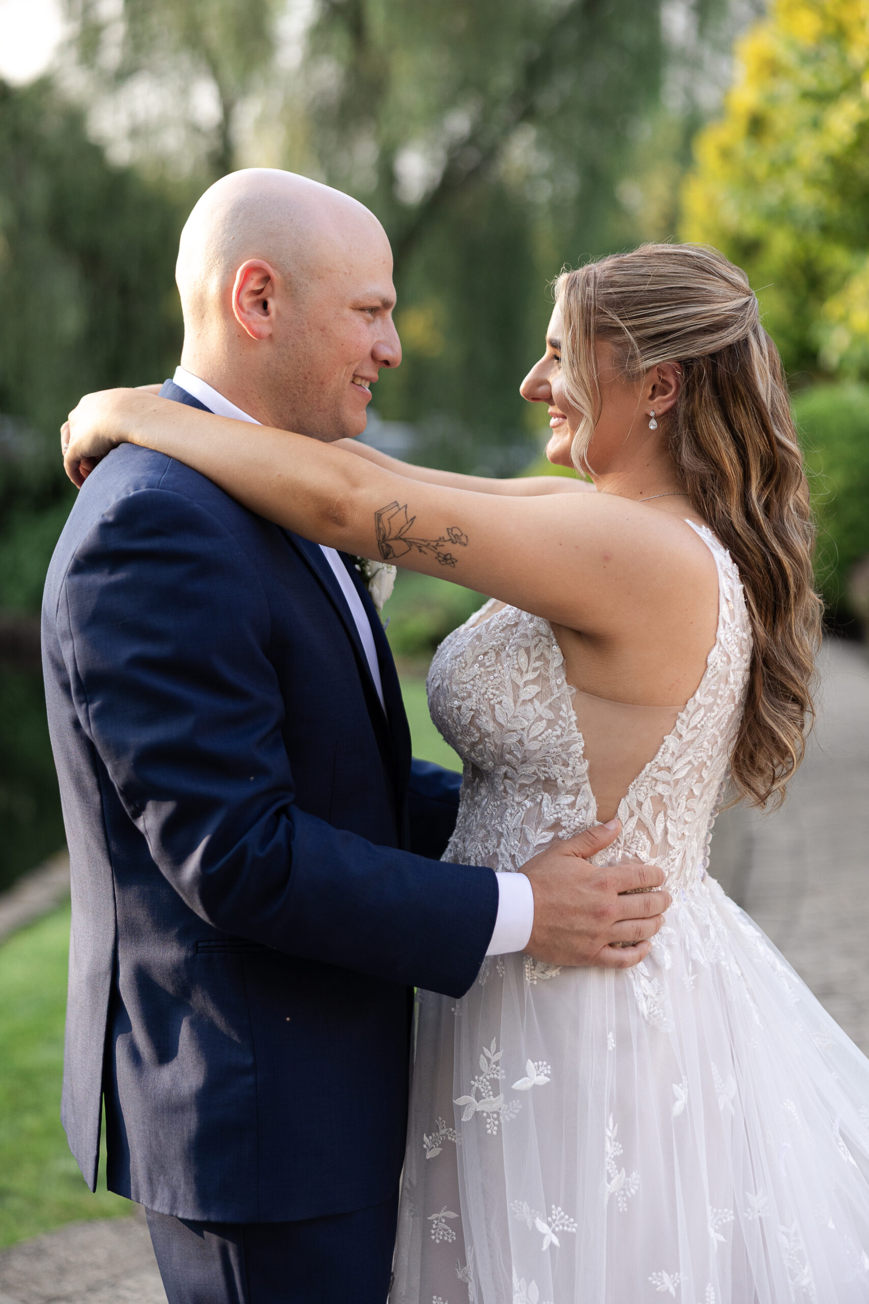 Golden hour sunset wedding portraits at Bridgewater Manor wedding garden