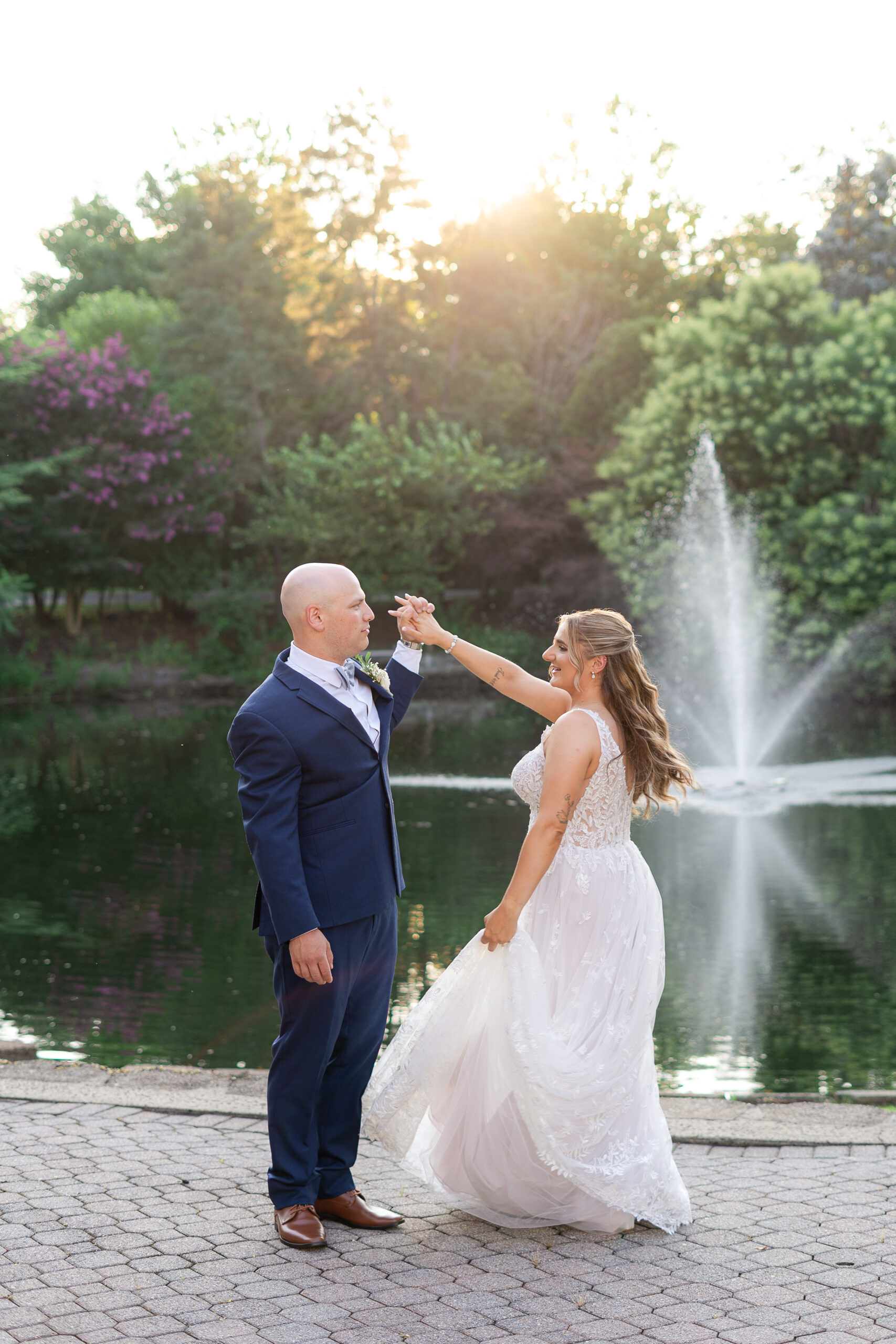 Golden hour sunset wedding portraits at Bridgewater Manor wedding garden
