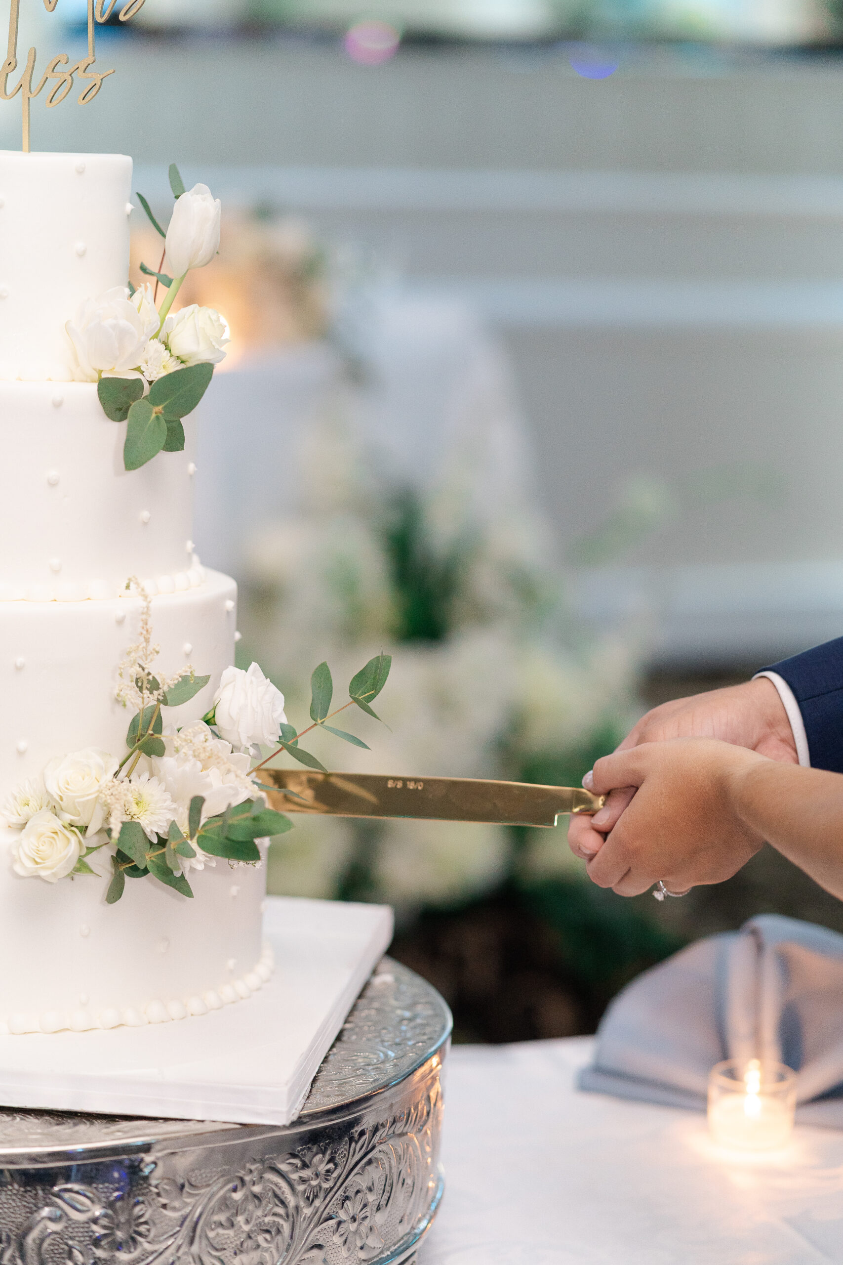 Bride and groom cake cutting at wedding reception
