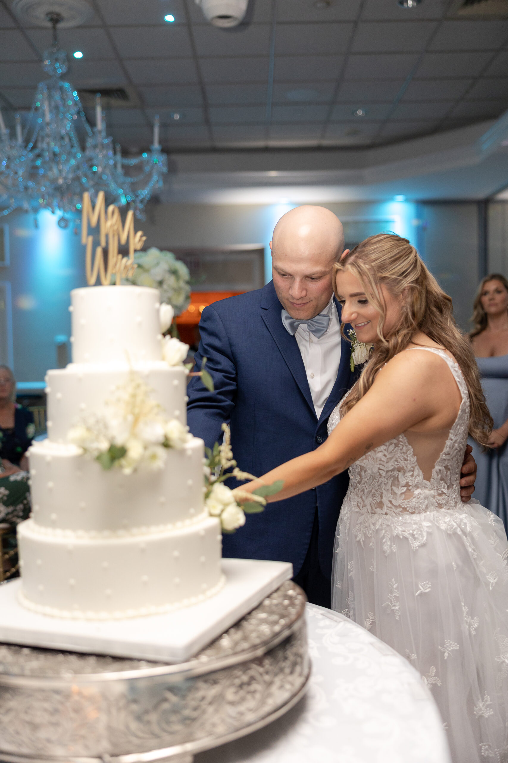 Bride and groom cake cutting at wedding reception