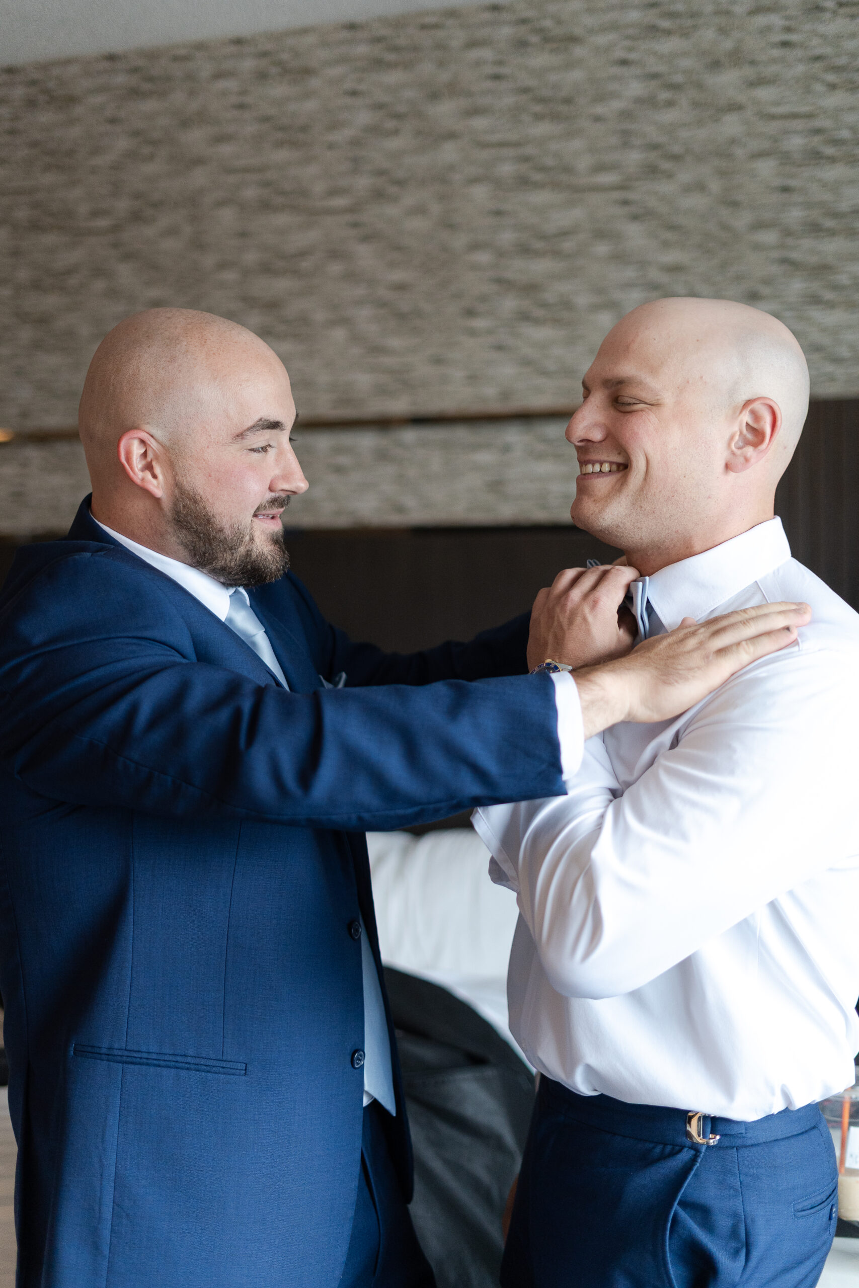 Groom and NJ groomsmen getting ready at Bridgewater Marriot