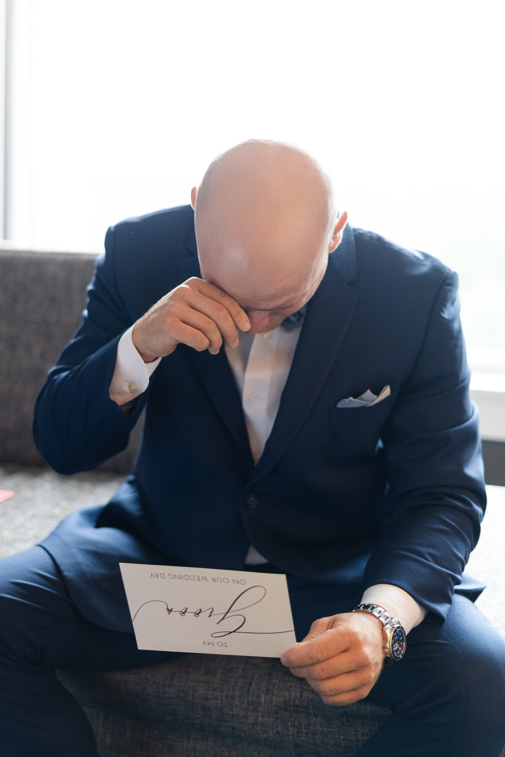 Groom crying at Bridgewater Marriott