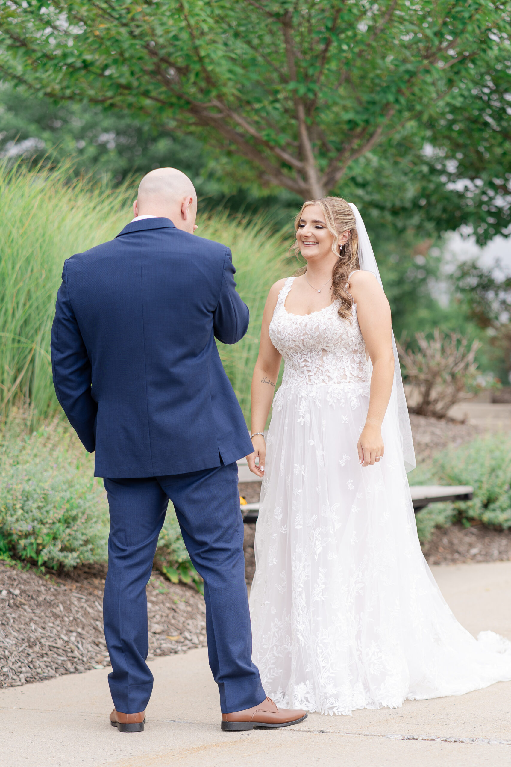 Bride and groom first look at Bridgewater Marriott wedding