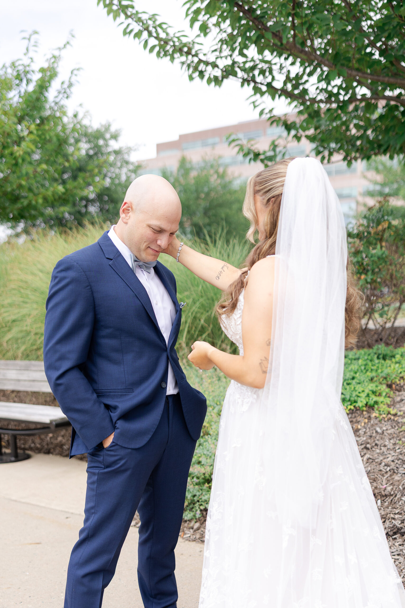 Bride and groom first look at Bridgewater Marriott wedding