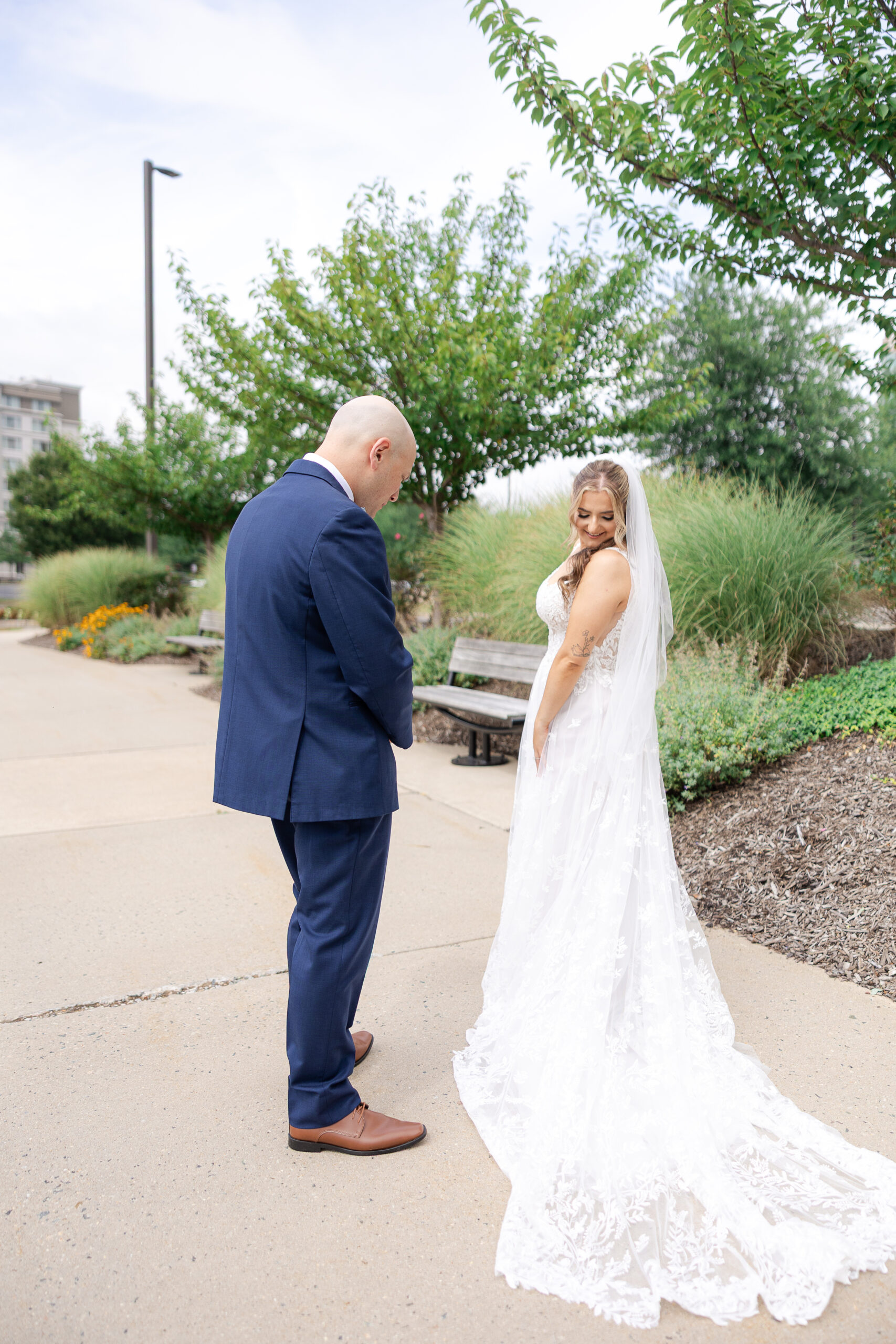 Bride and groom first look at Bridgewater Marriott wedding